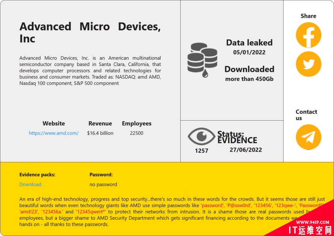 勒索团伙爆出芯片巨头AMD 450Gb数据泄露，疑似黑客「撕票」