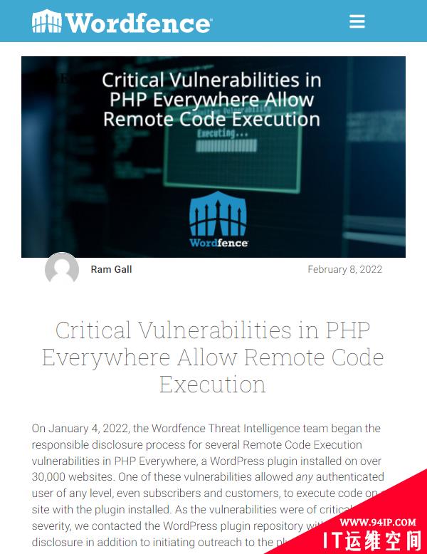 WordPress上的PHP Everywhere插件曝出三个高危RCE漏洞