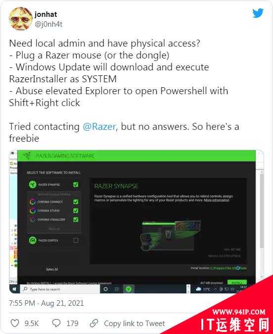 Razer Synapse零日漏洞曝光：插上鼠标即可获得SYSTEM账户权限